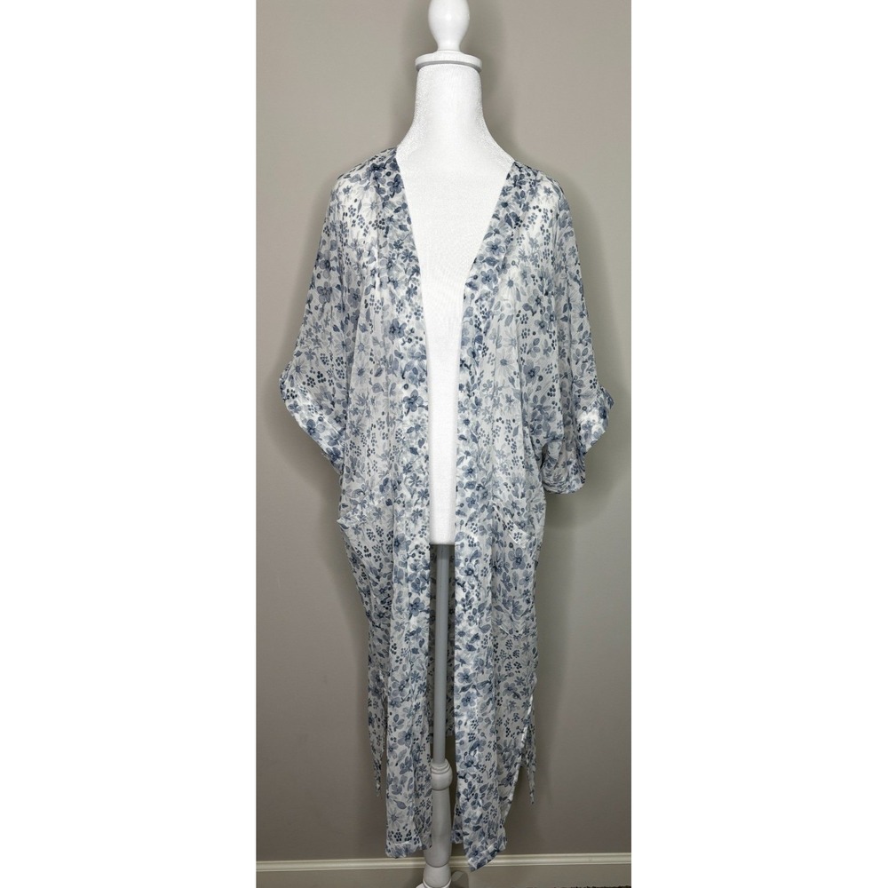 Rachel Zoe Blue White Floral Kimono Wrap Duster One Size OS Boho Lightweight